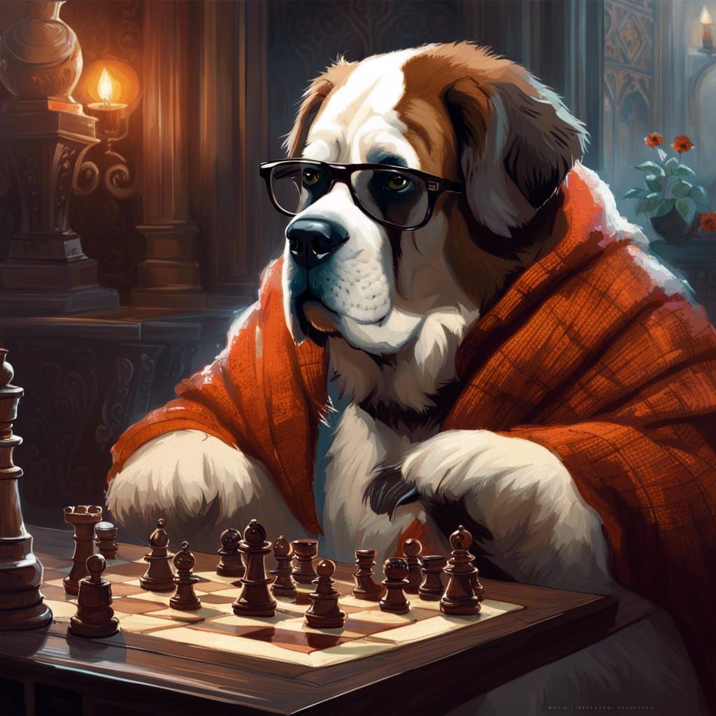 St. Bernard Plays Chess in Dark Academia Style
