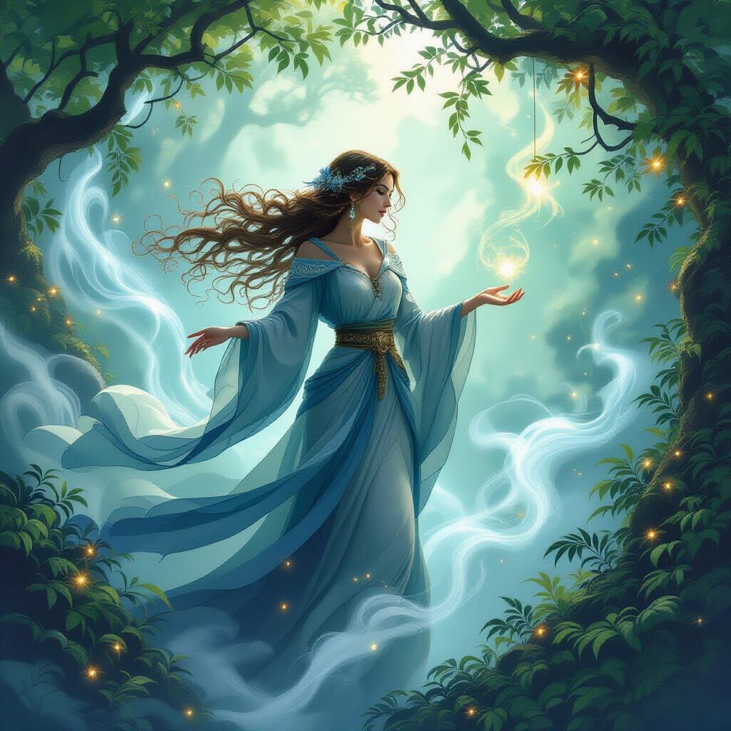 Mystical Woman in Ethereal Fantasy Landscape