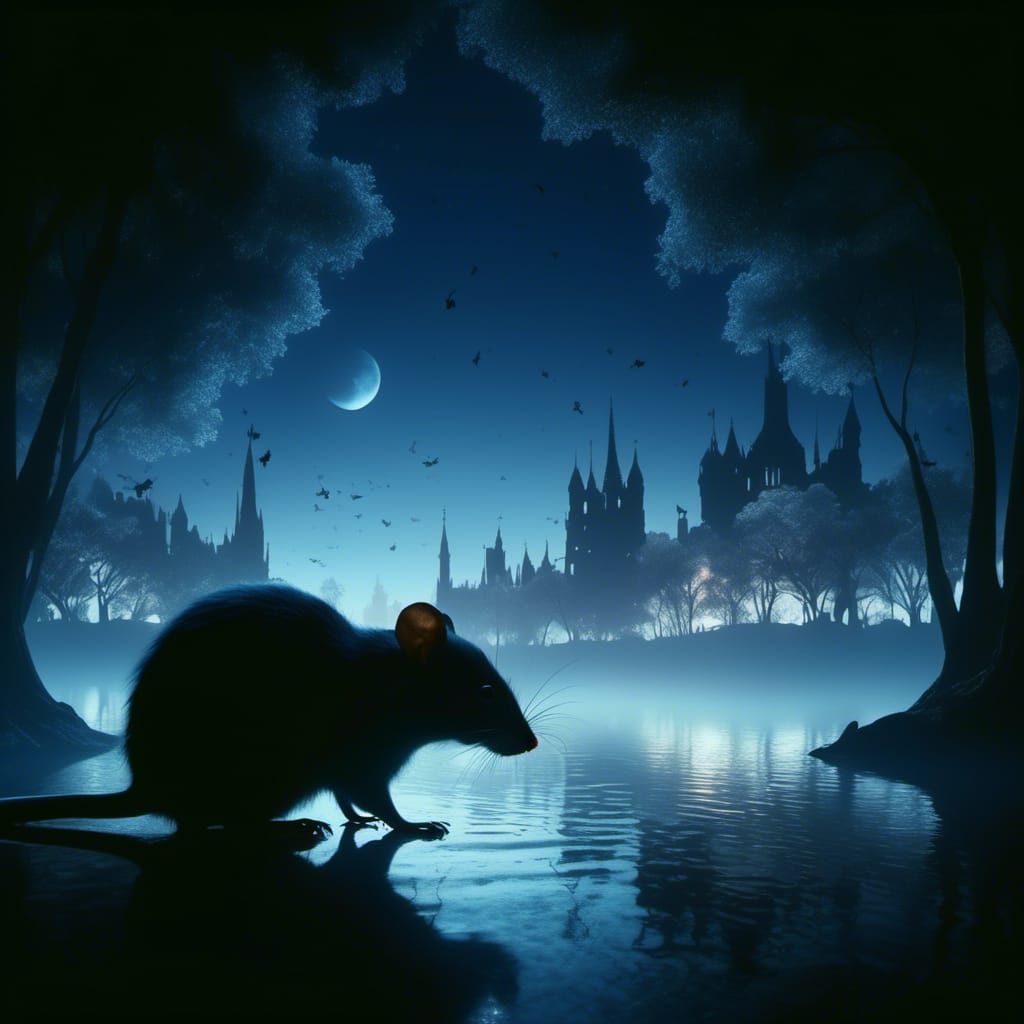 Wild Rat Silhouette in City Park at Night