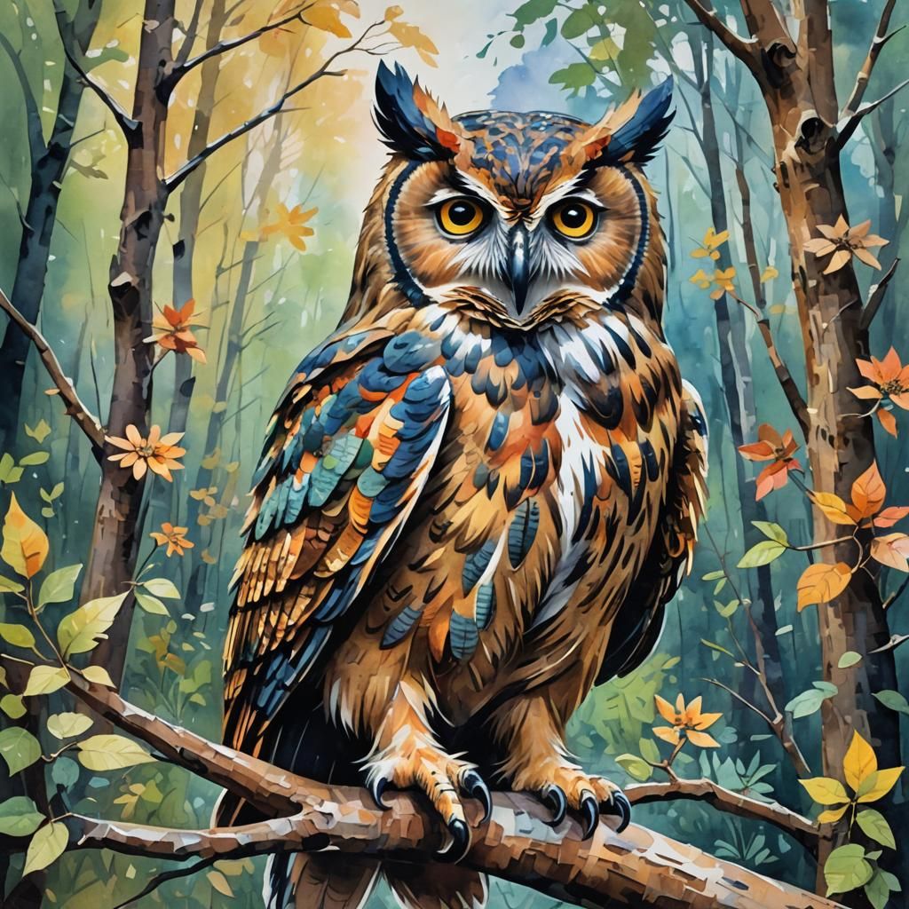 Impressive Owl Bear in Gouache Watercolor Style