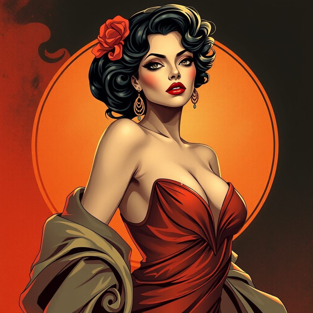 Sultry Art Nouveau Goddess in Bold, Graphic Style