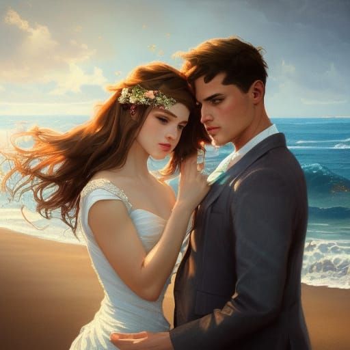 Beach Wedding Portrait in Art Nouveau Style