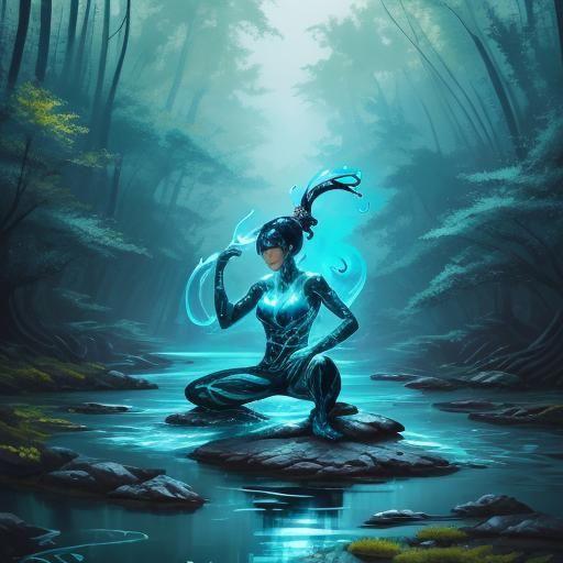 Water Bending Girl in Graffiti Art Style