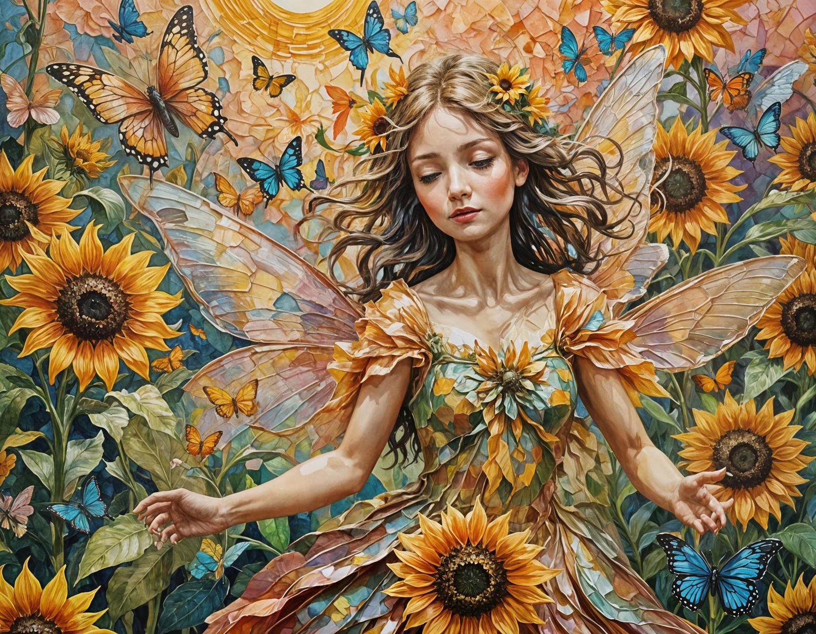 Fairy Dances on Sunflower in Expressionist Oil Painting