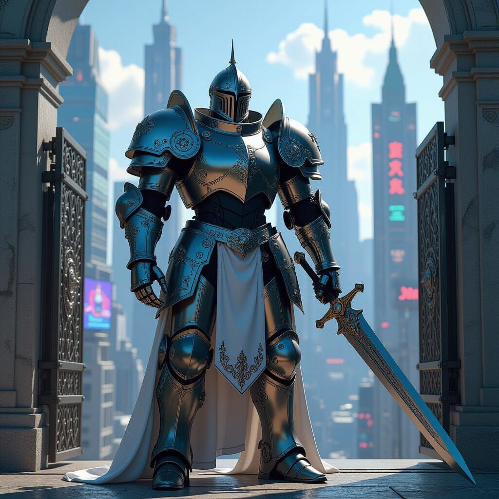 Robot Knight Guards Futuristic City