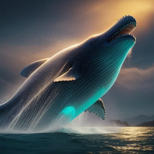 Golden Whale Breaching a Bioluminescent Ocean