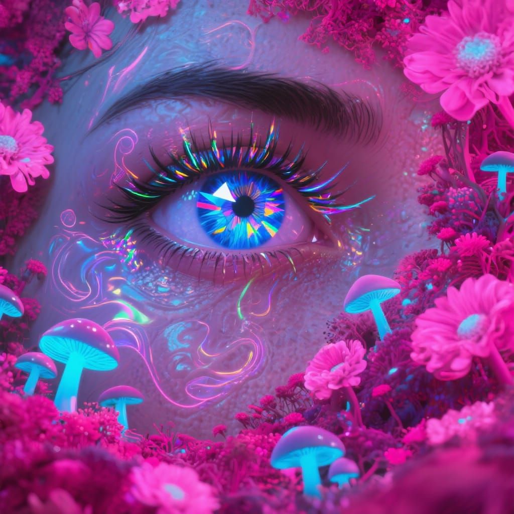 Prismatic Eye Amidst Bioluminescent Flora