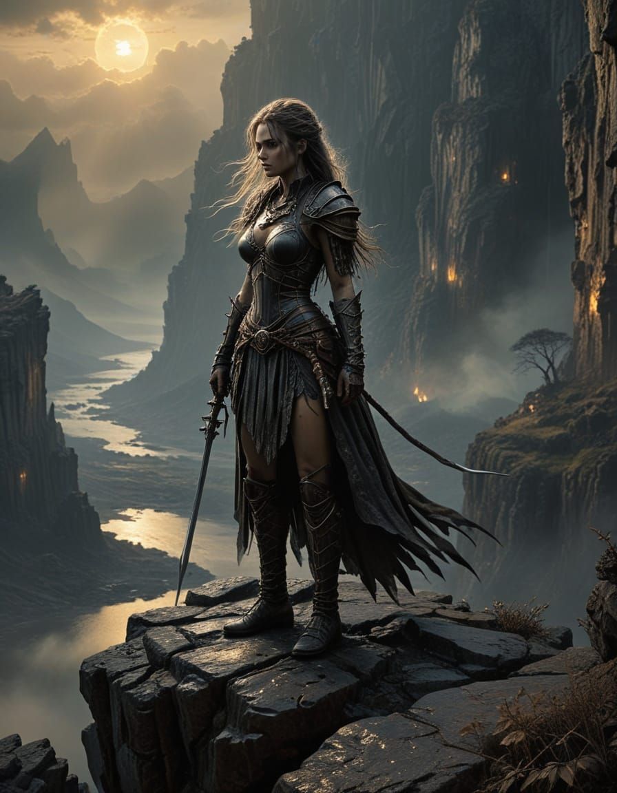 Mysterious Warrior in Dark Fantasy Landscape