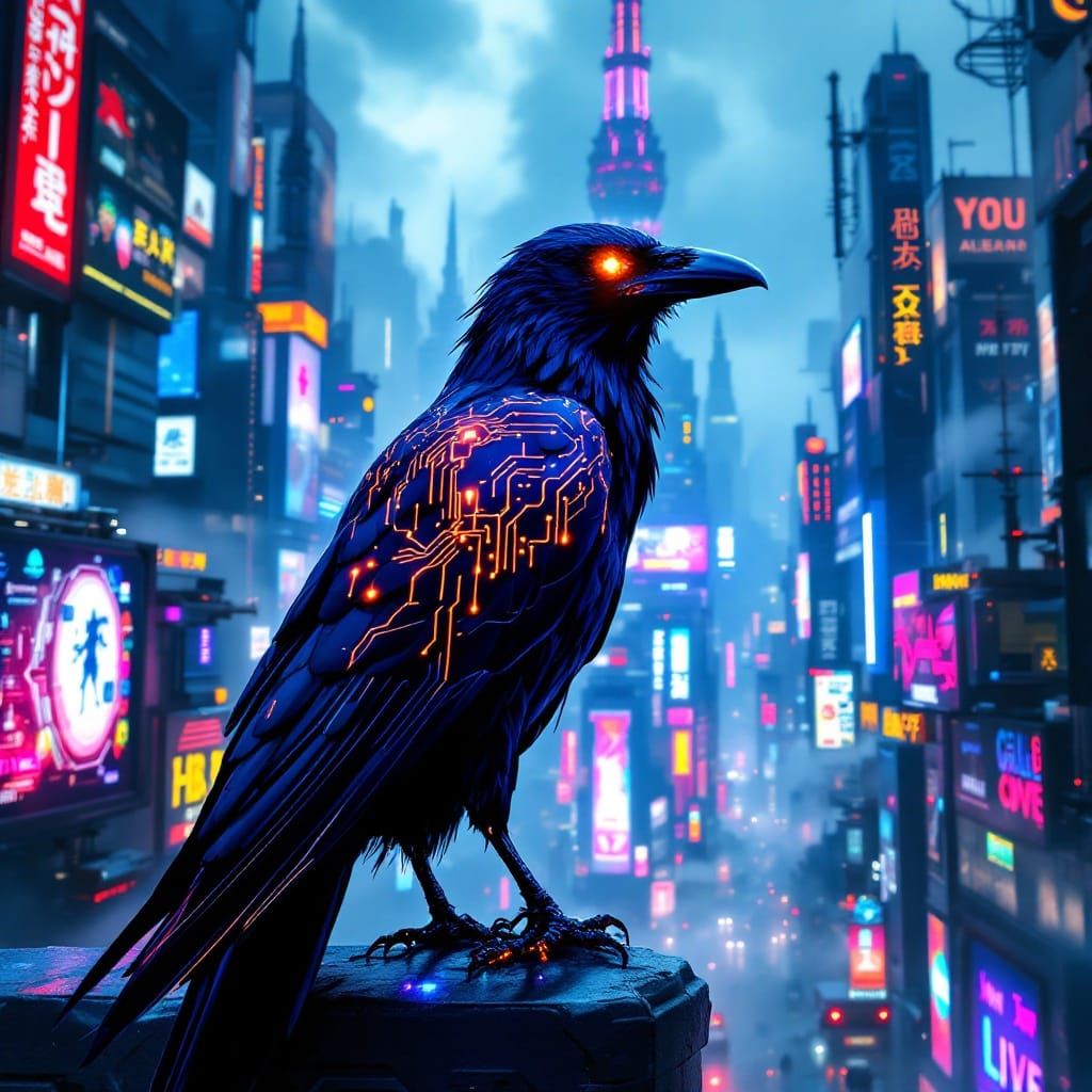 Cyberpunk Raven on Holographic Signboard
