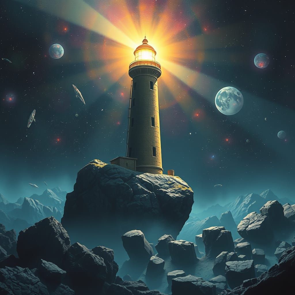 Majestic Lighthouse Shines Beyond Saturn in Cosmic Dreamscap...