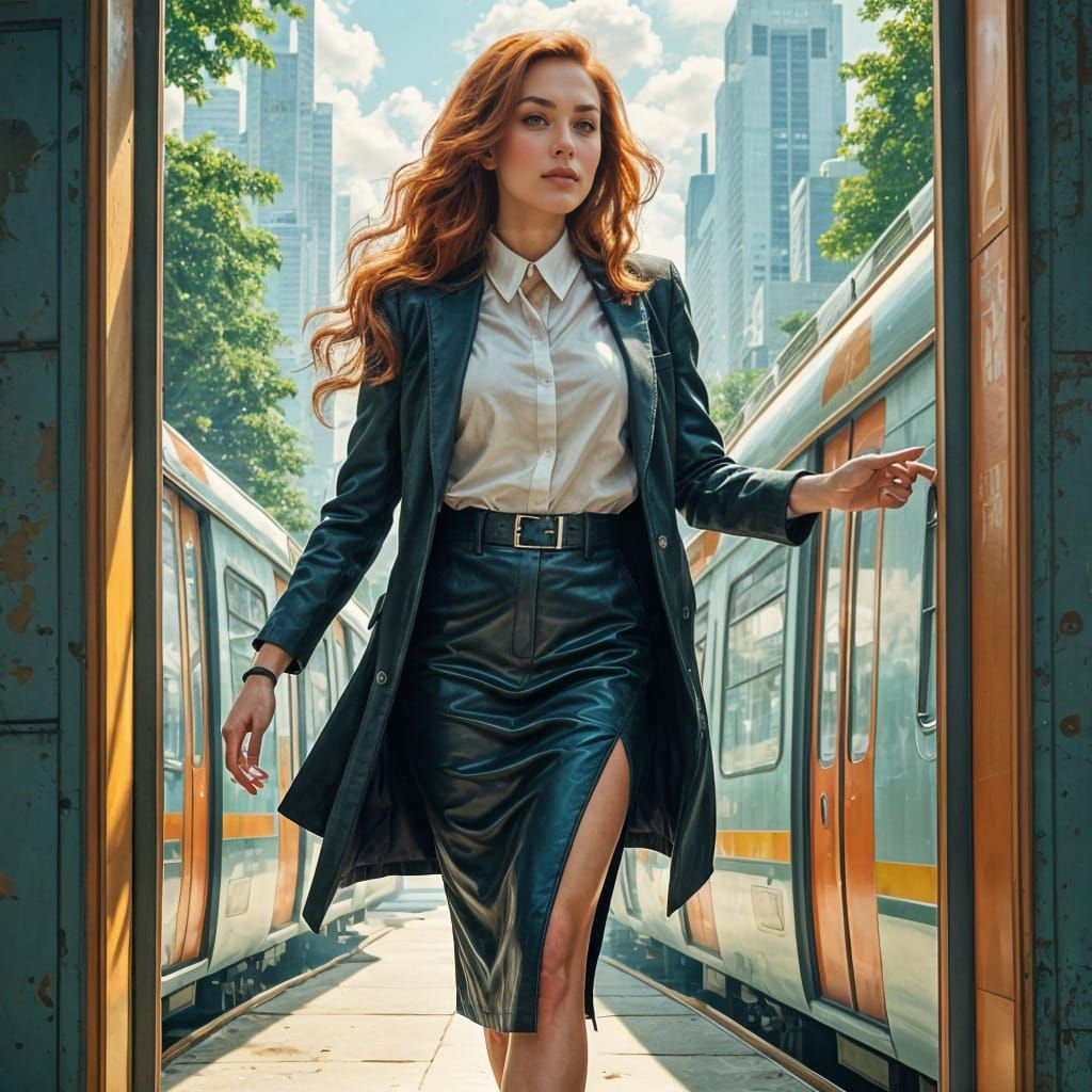 Futuristic City Woman Steps Out into Sunny Green Metropolis