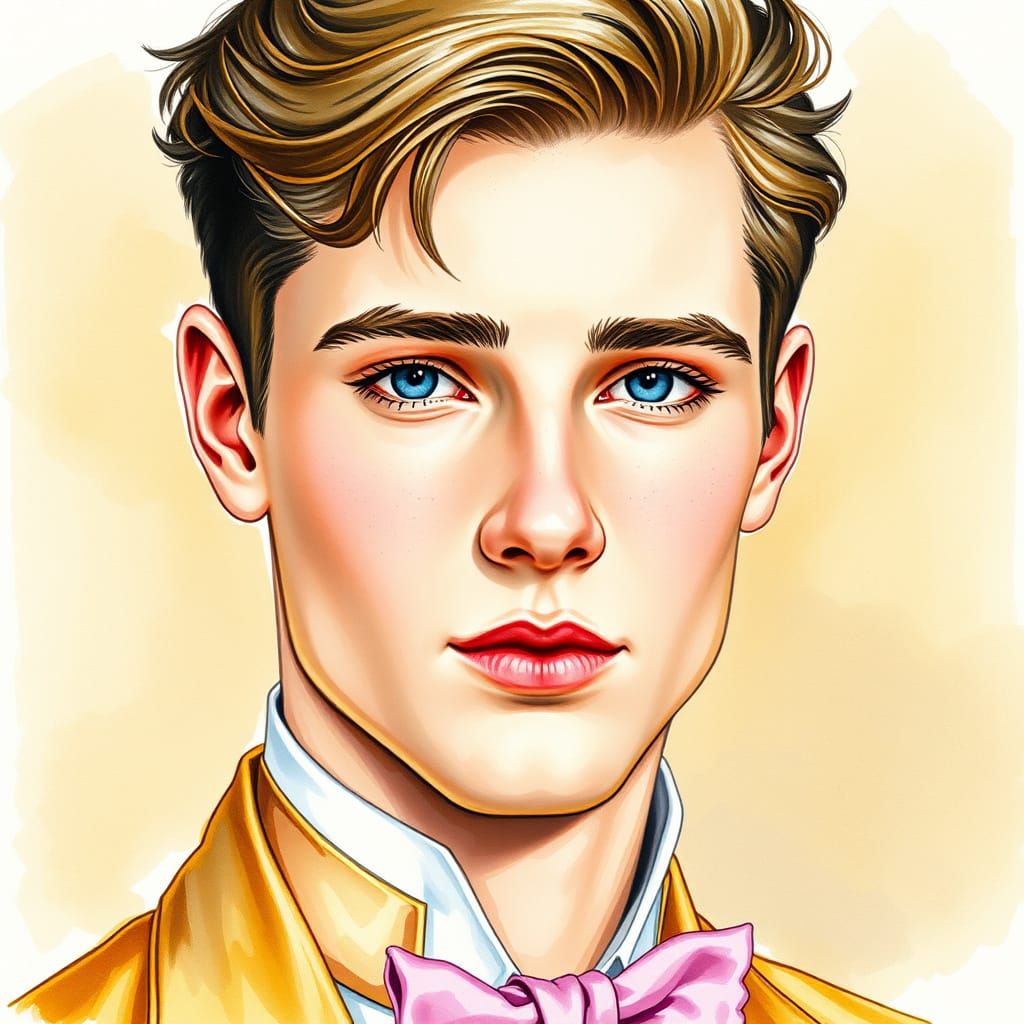 Watercolor Portrait: Handsome Young Man in Gold Dress