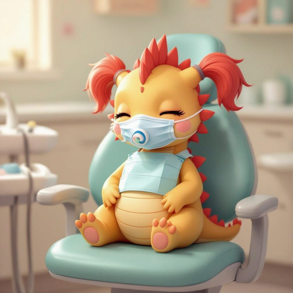Baby Dragon in Dentist Chair, Anime-Inspired Art