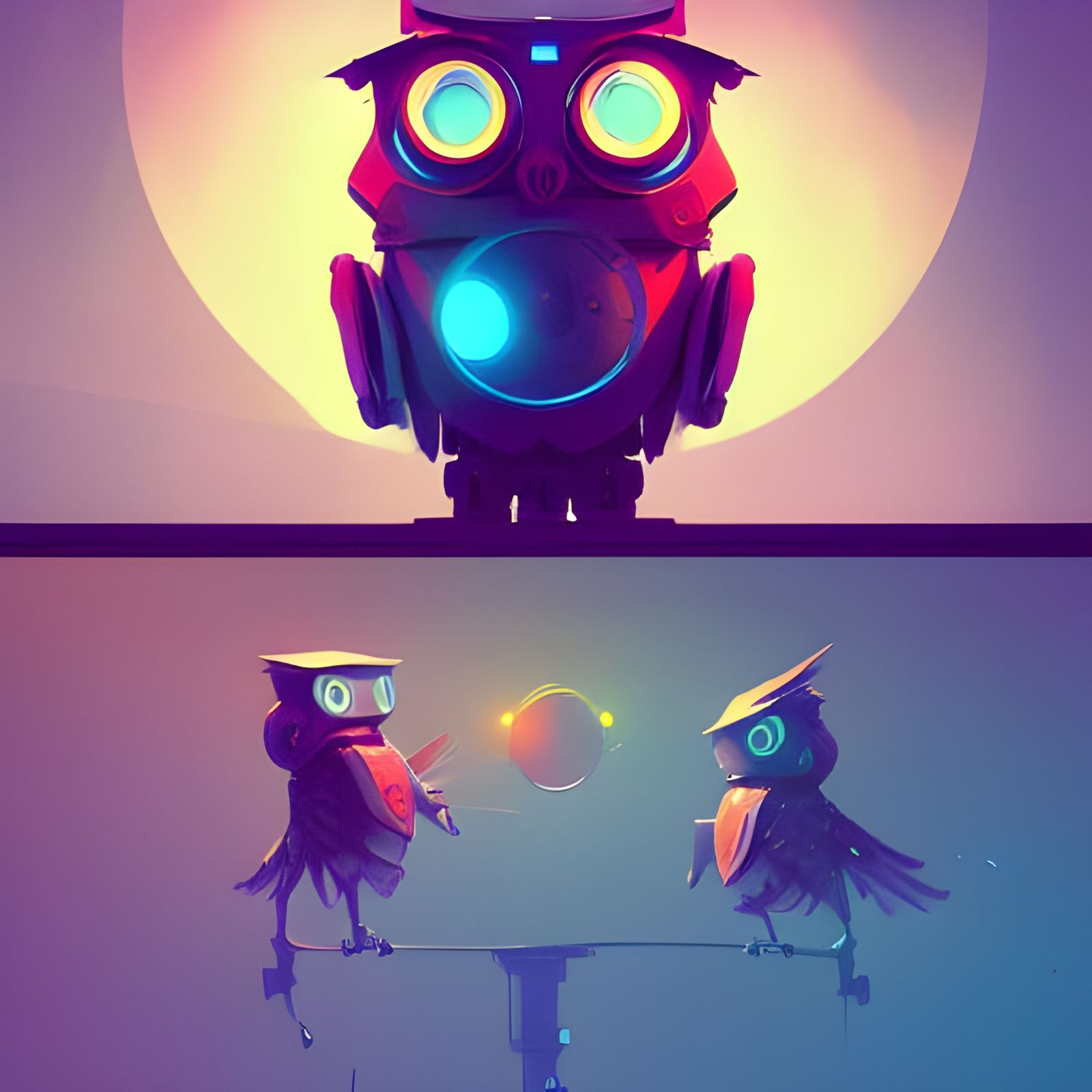 Robot Owls Performing Tricks: Hyperdetailed Concept Art