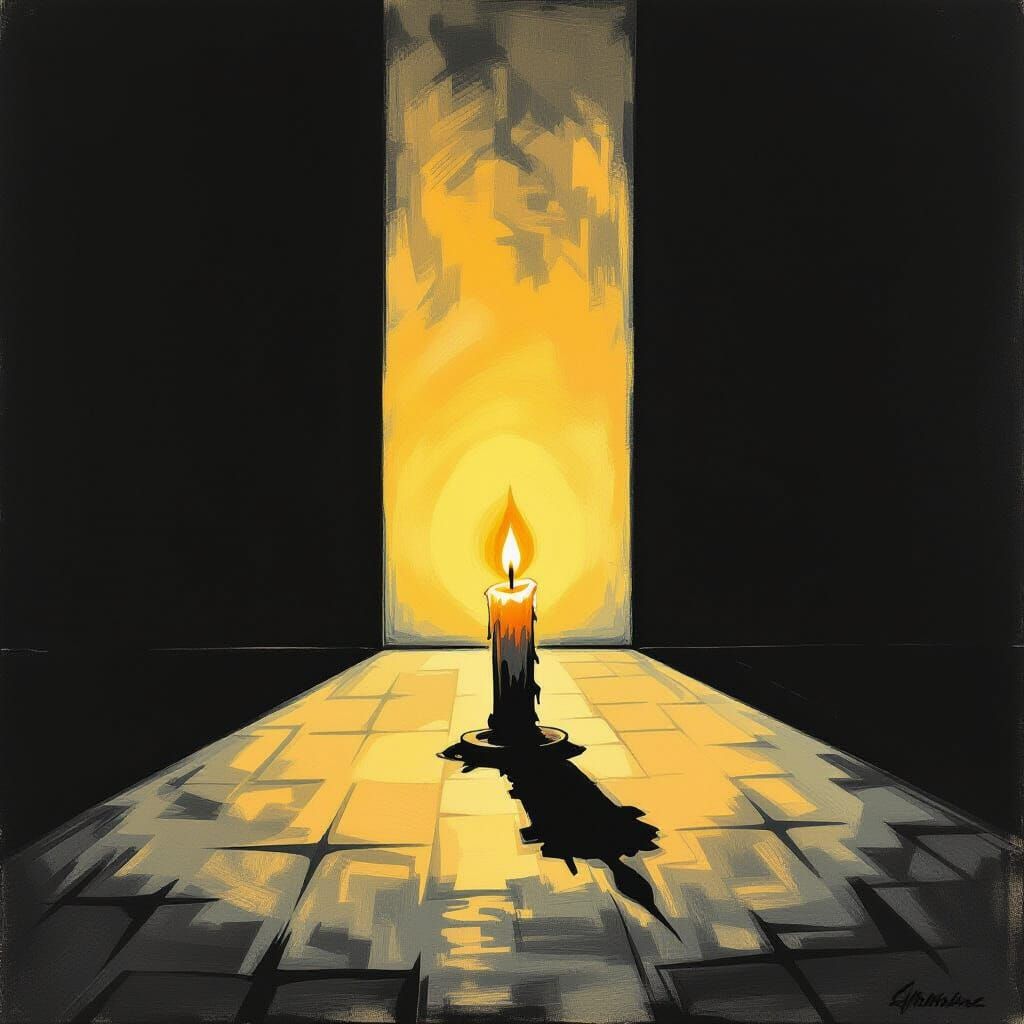 Flickering Candle Illuminates Mysterious Dark Room