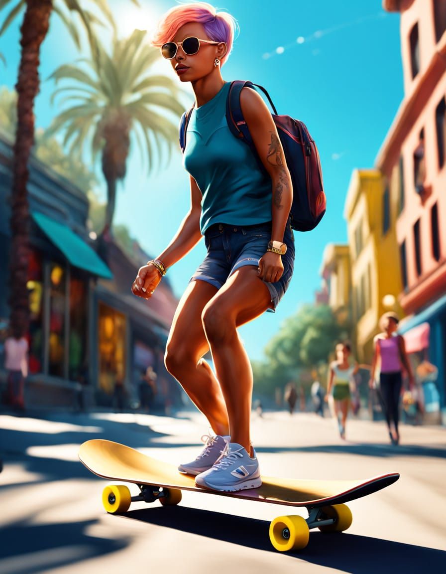 Celebrity Skateboarder in Shopping Village at Golden Hour