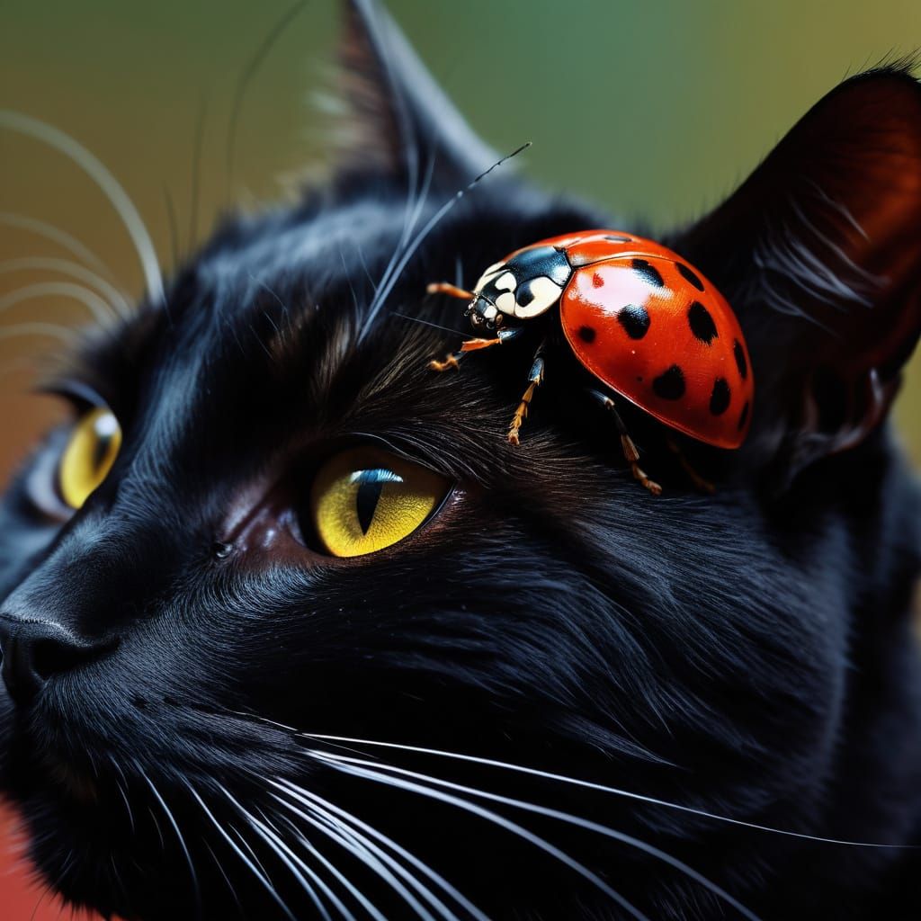 Ladybug Resting on Black Cat: Digital Art