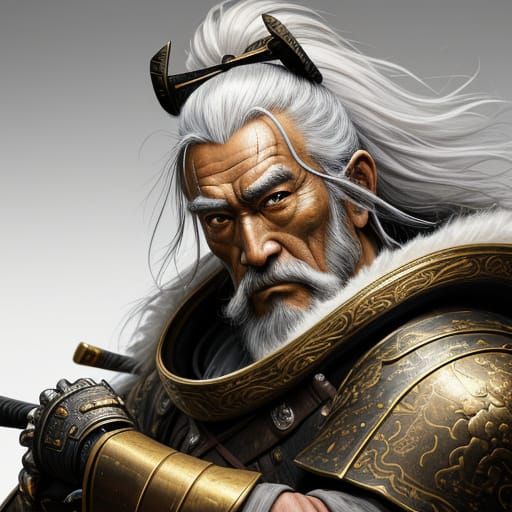 Hyper-Realistic Samurai Portrait with Golden Accents