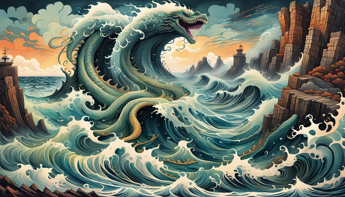 Majestic Sea Serpent Emerges in Art Brut Style