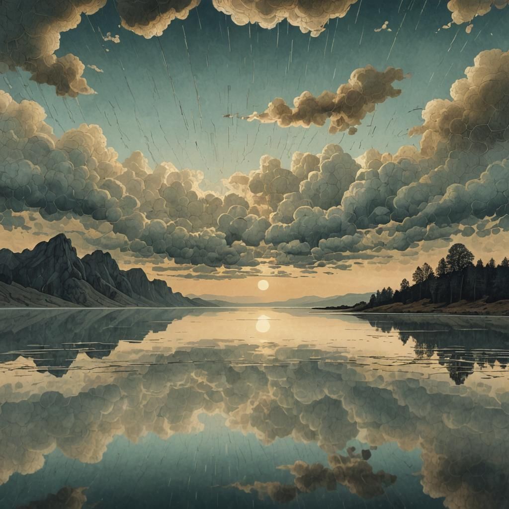 Reflective Lake at Dusk: Mixed Media Collage