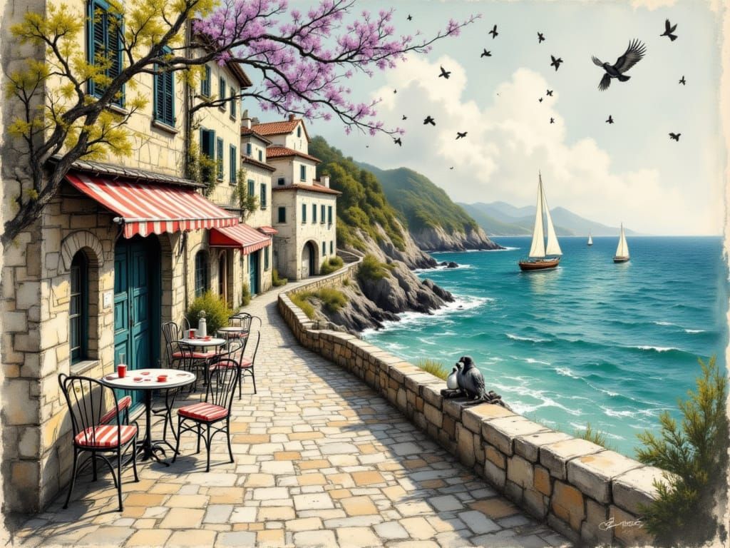 Whimsical Coastal Village in Dreamlike Mixed-Media