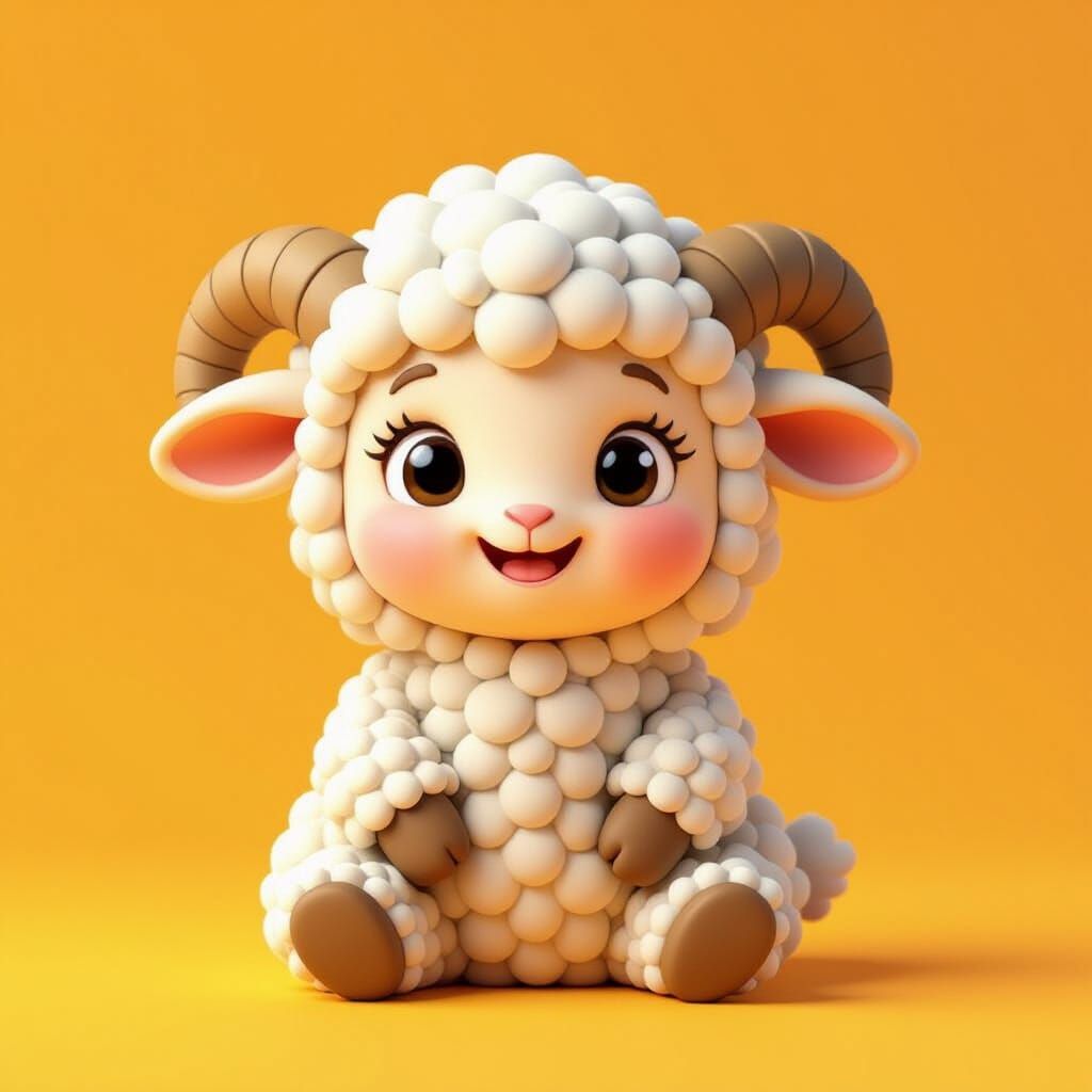 Cute Baby Ram Aries Character in Minimalist 3D Style