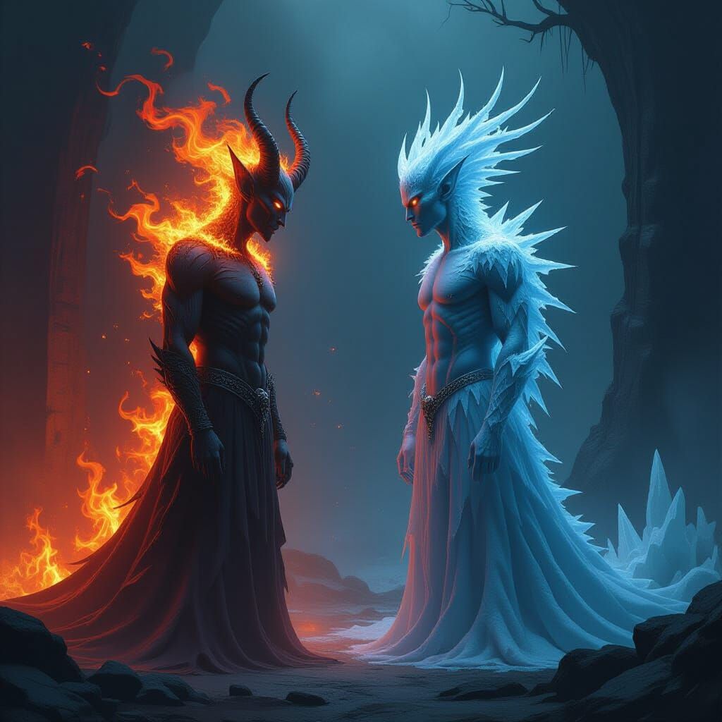 Fire Demon vs. Ice Demon in Dark Fantasy Style