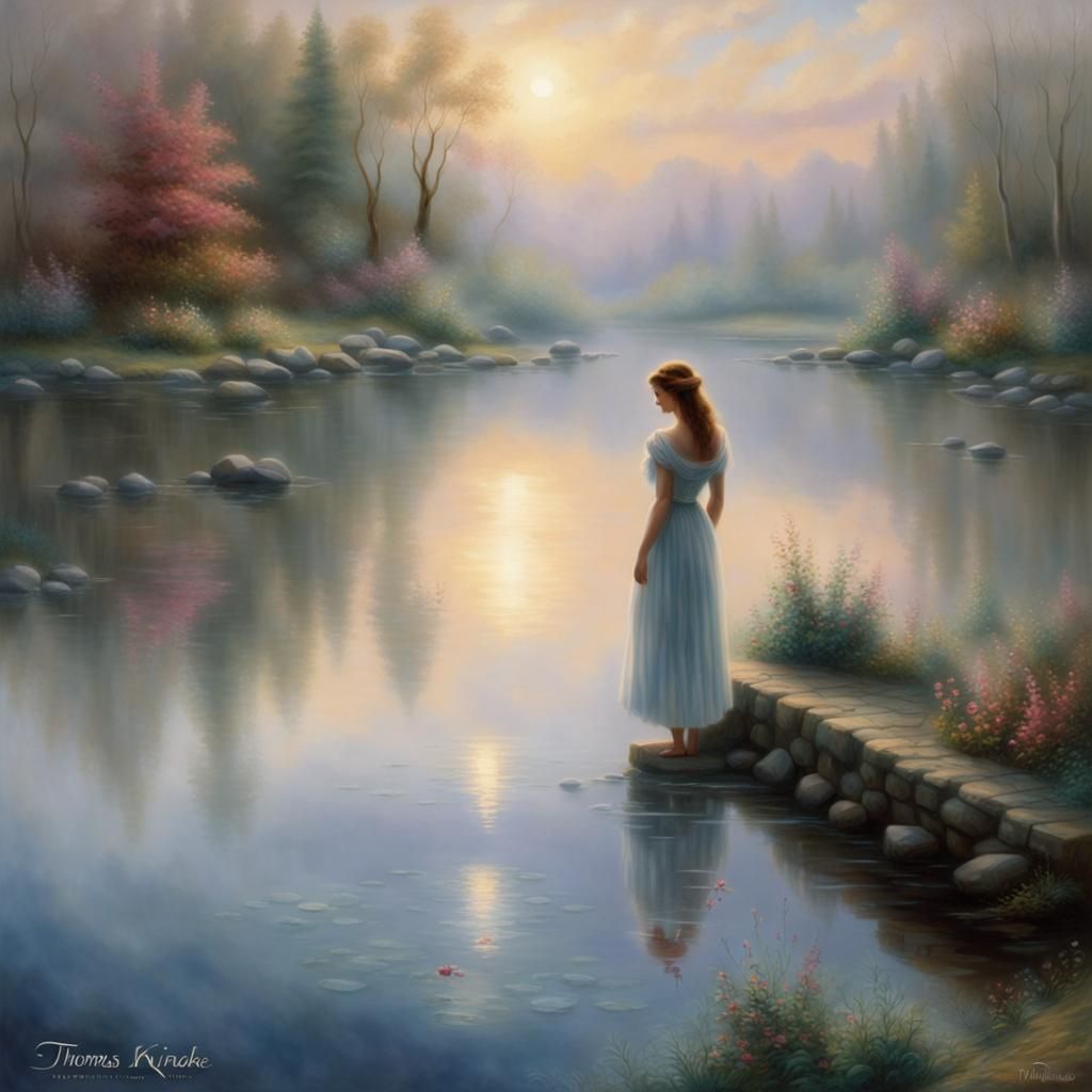Ethereal Woman Reflects Sadness on Tranquil Water