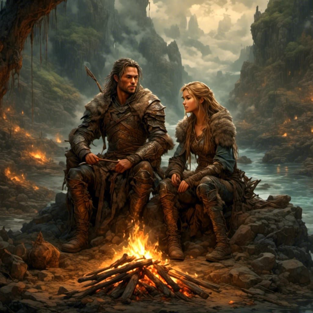 Teen Archer and Warrior by Campfire, Digital Matte Painting
