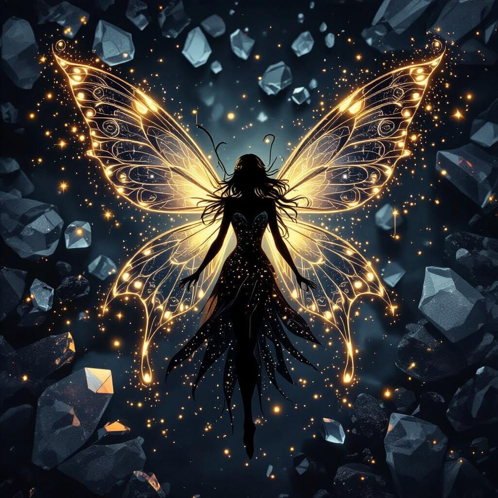 Dark Fairy Emerges from Crystal Shards on Black Background