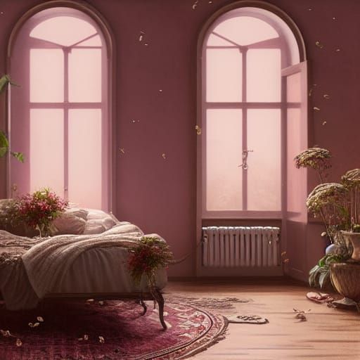 Boho Bedroom with Roses in Art Nouveau Style