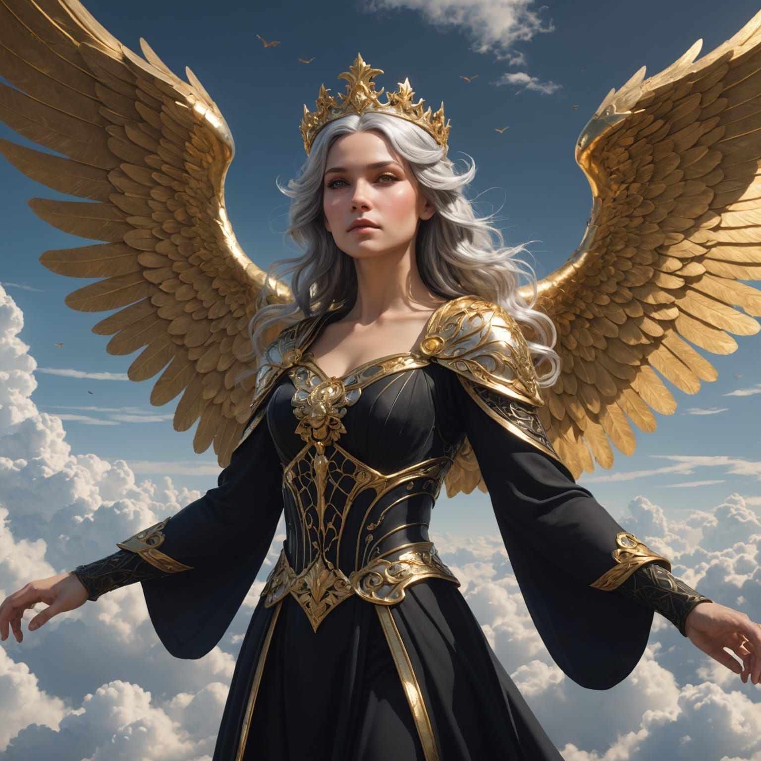 Golden-Winged Angel Soaring Above Clouds