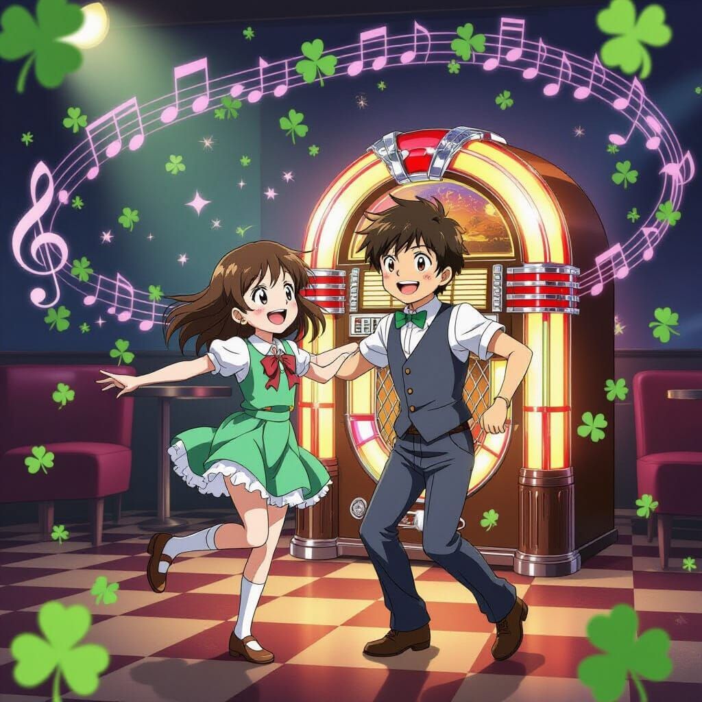 Anime Couple Dancing in Retro Club with Music Notes
