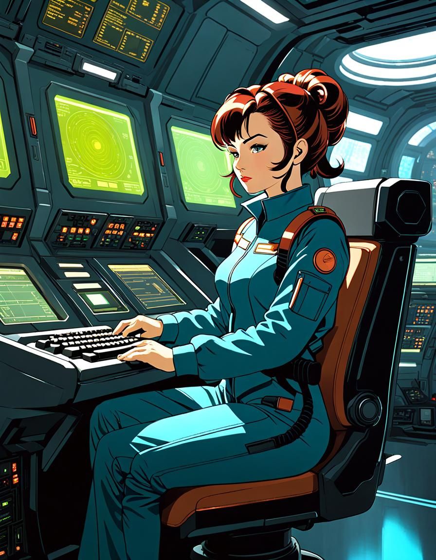 Starship Engineer at Terminal in Analog Sci-Fi Style