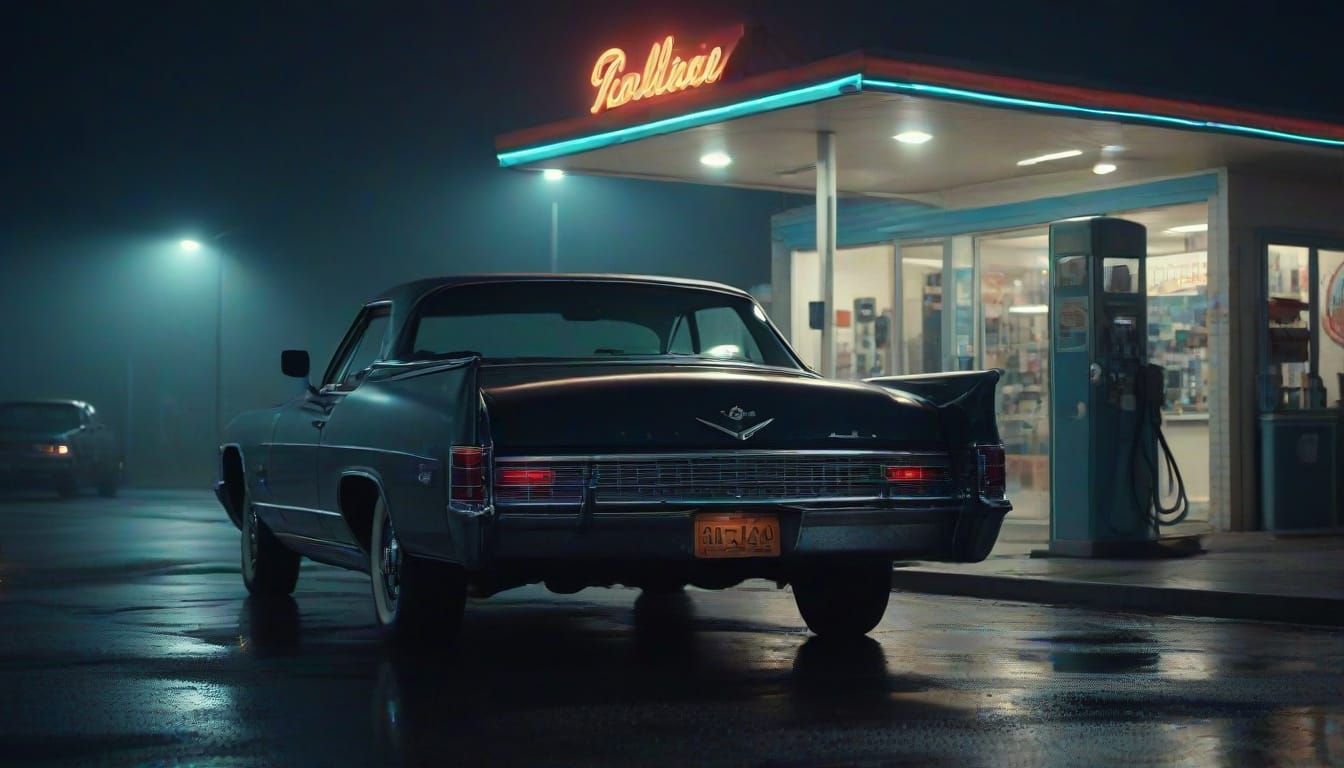 Night at american gas station in 60s VI
