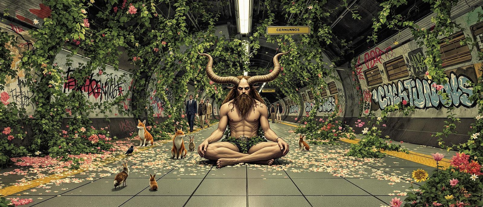 Cyberpunk Horned God Surrounded by Whimsical Nature