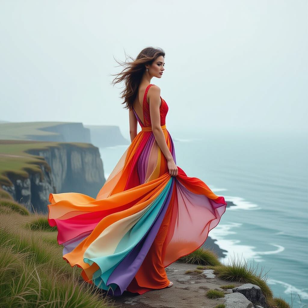 Woman in Flowing Dress on Windswept Cliff
