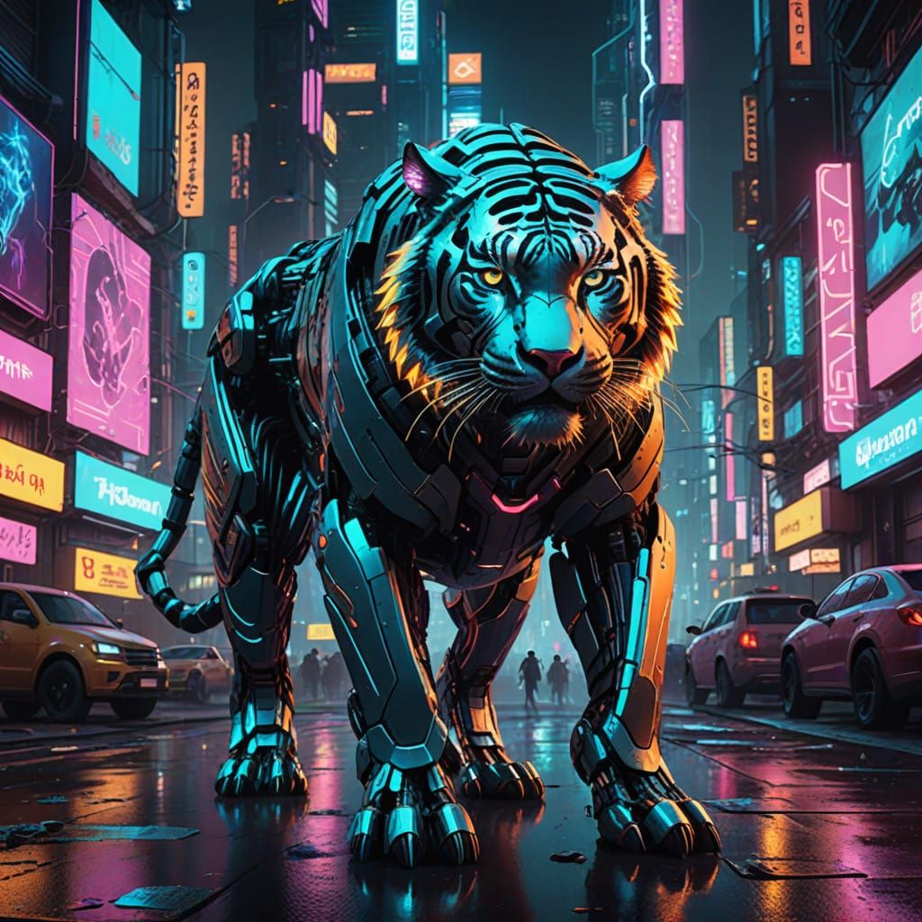 Cyberpunk Robot Tiger in Neon Cityscape