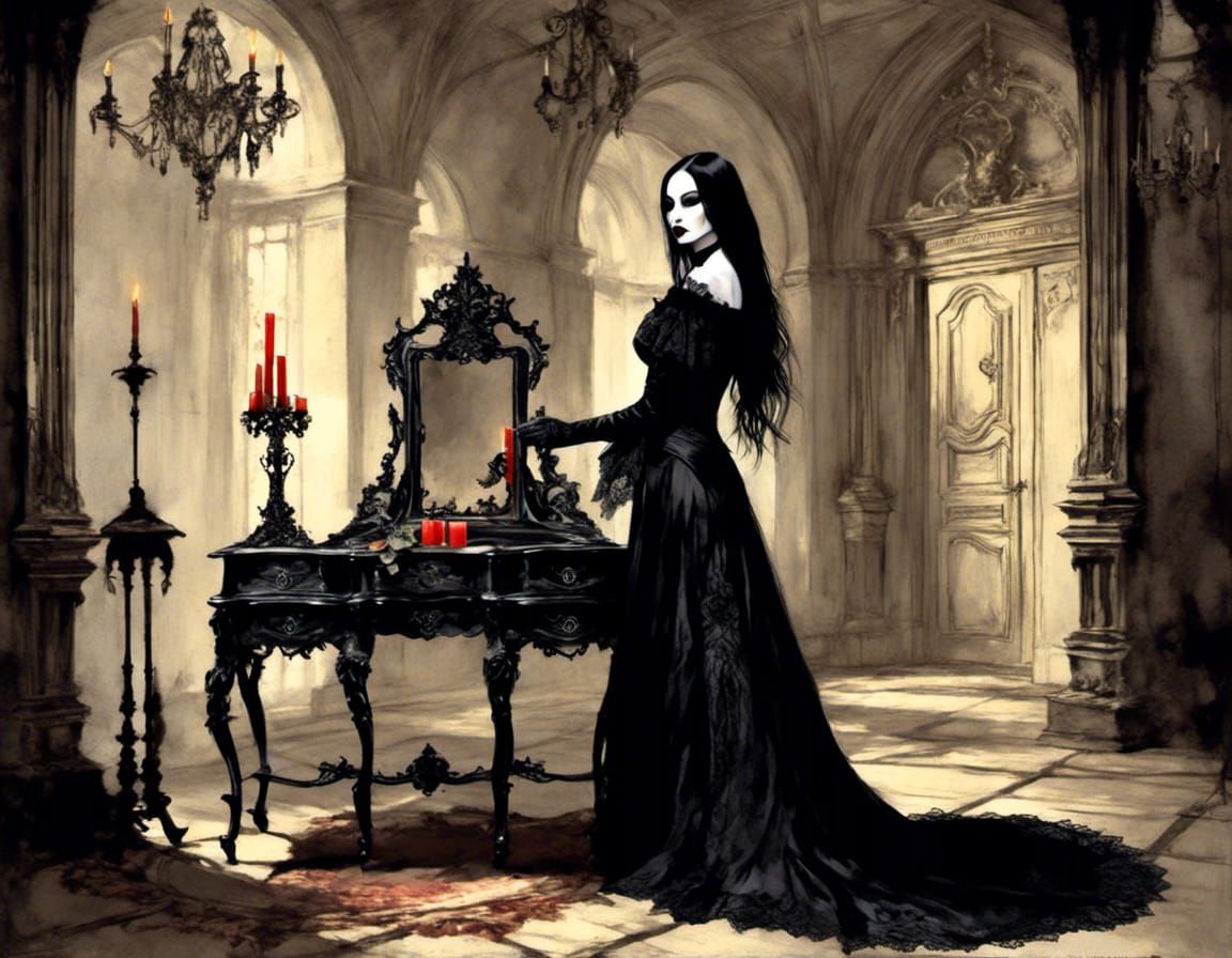 Morticia Addams in Goth Shadowmanipulatigami Outfit