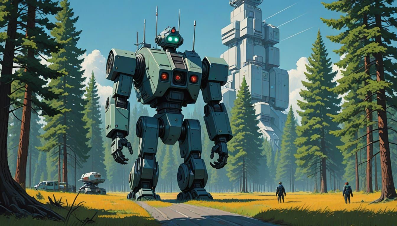 Giant Robots Amidst Industrial Landscape, Under a Clear Blue...