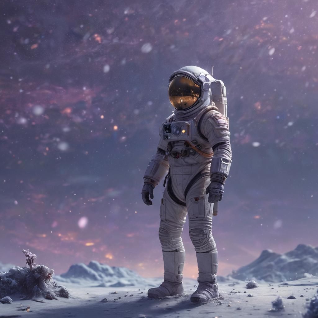 Astronaut Lost in Saturn's Snowy Stormy Bliss in Whimsical O...