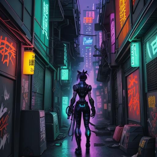 Cyberpunk Ninja Cat Girl in Manga Style