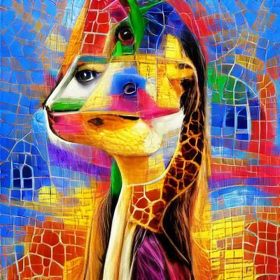 Colorful Giraffe Artwork in Mona Lisa Style
