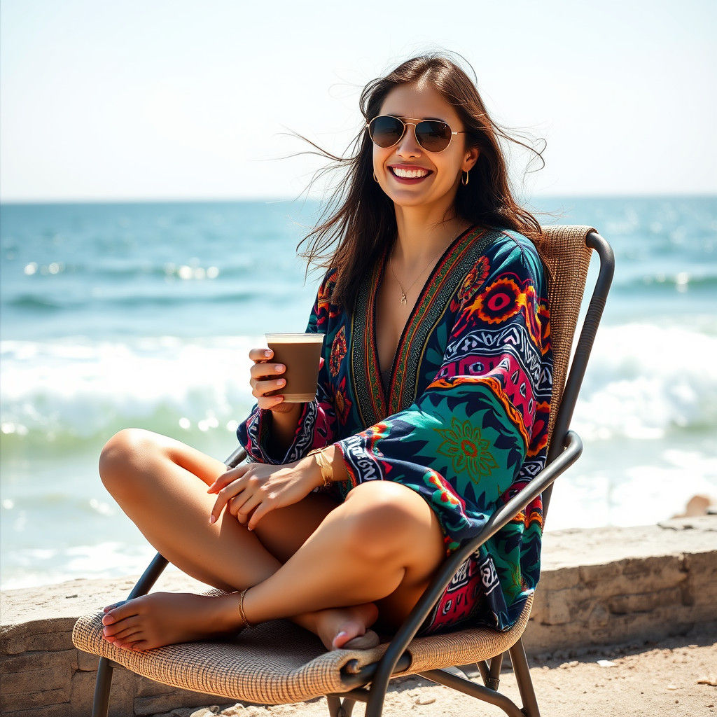 Woman in Colorful Jelaba by the Sea