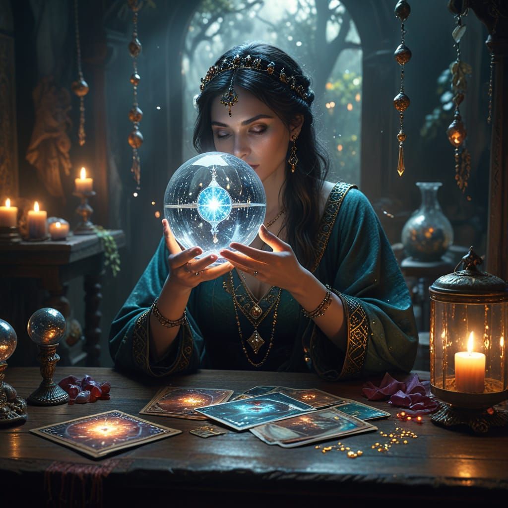 Fortune Teller Reads Tarot Cards in Air