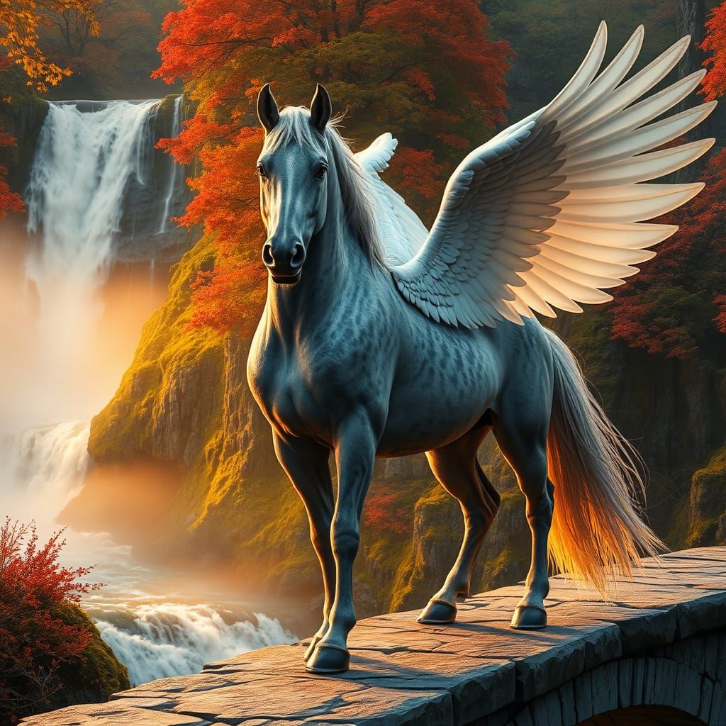 Pegasus on Autumn Bridge with Waterfall