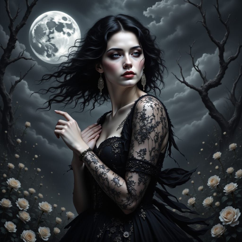 Moonlit Woman with Crimson Eyes in Sheer Gown