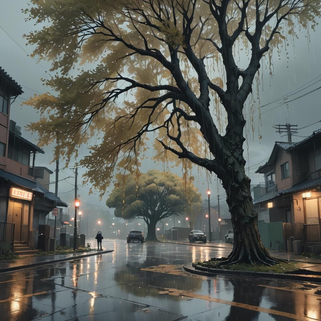 Rainy Poplar Tree Concept Art in Anime Style