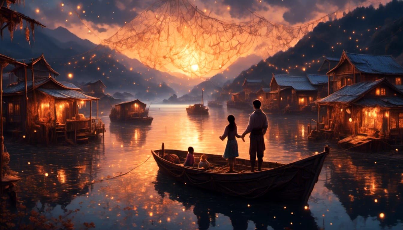 Fisherman and Daughter in Korean Village at Golden Hour