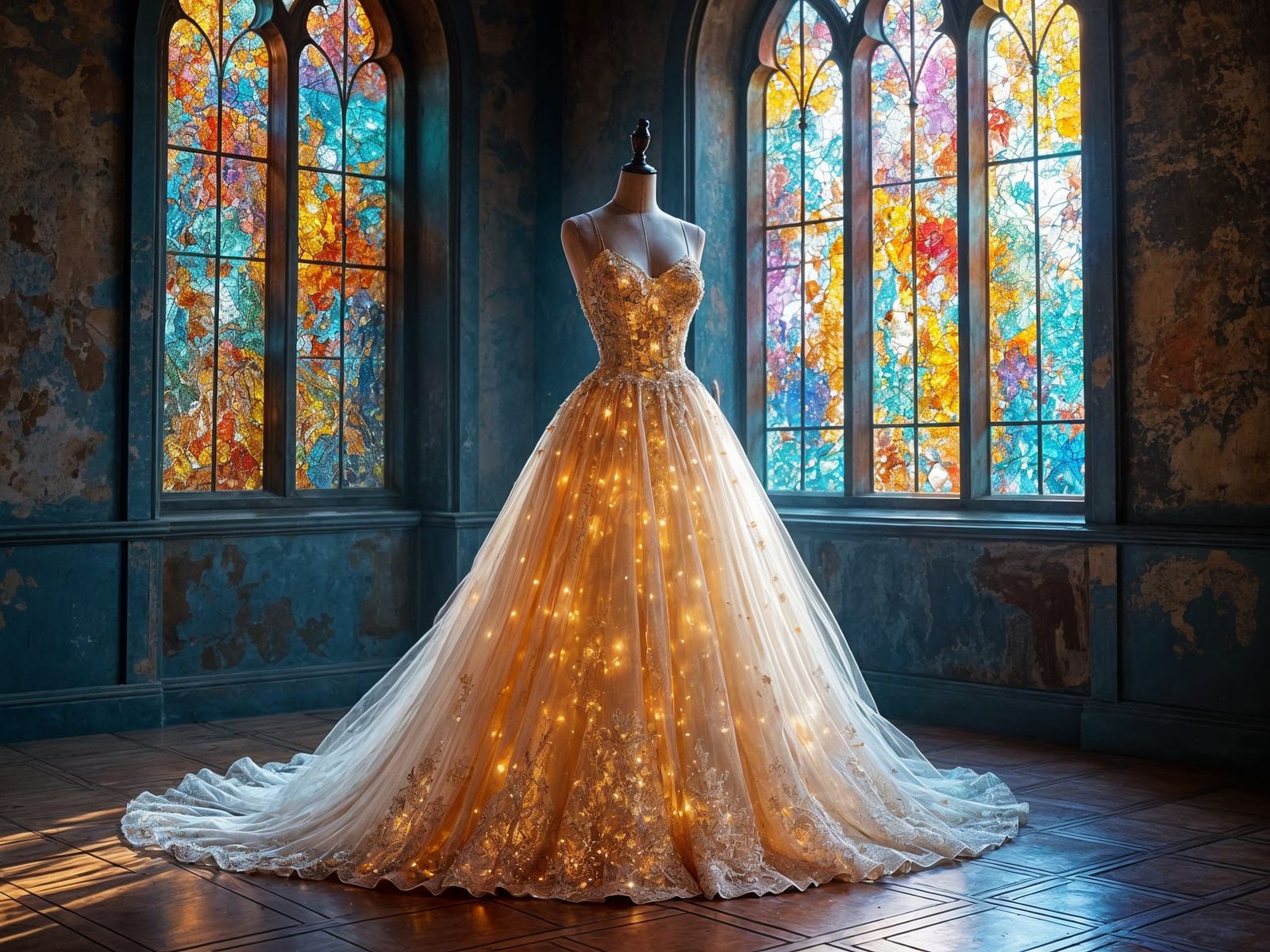Stained Glass Ballgown in a Vibrant Graffiti Room